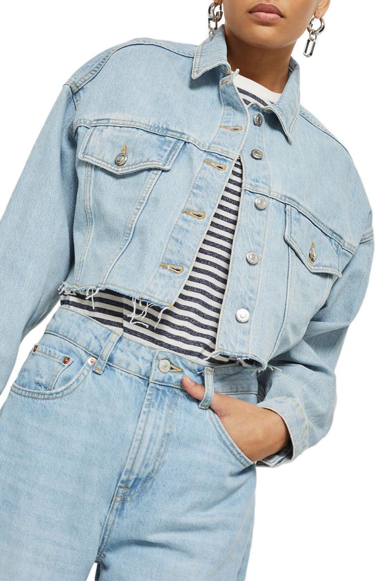 Topshop Bleached Cutoff Denim Jacket, Main, color, 