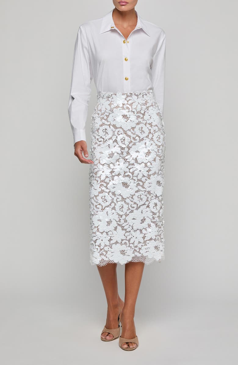 L'AGENCE Makena Sequin Lace Midi Skirt, Alternate, color, White