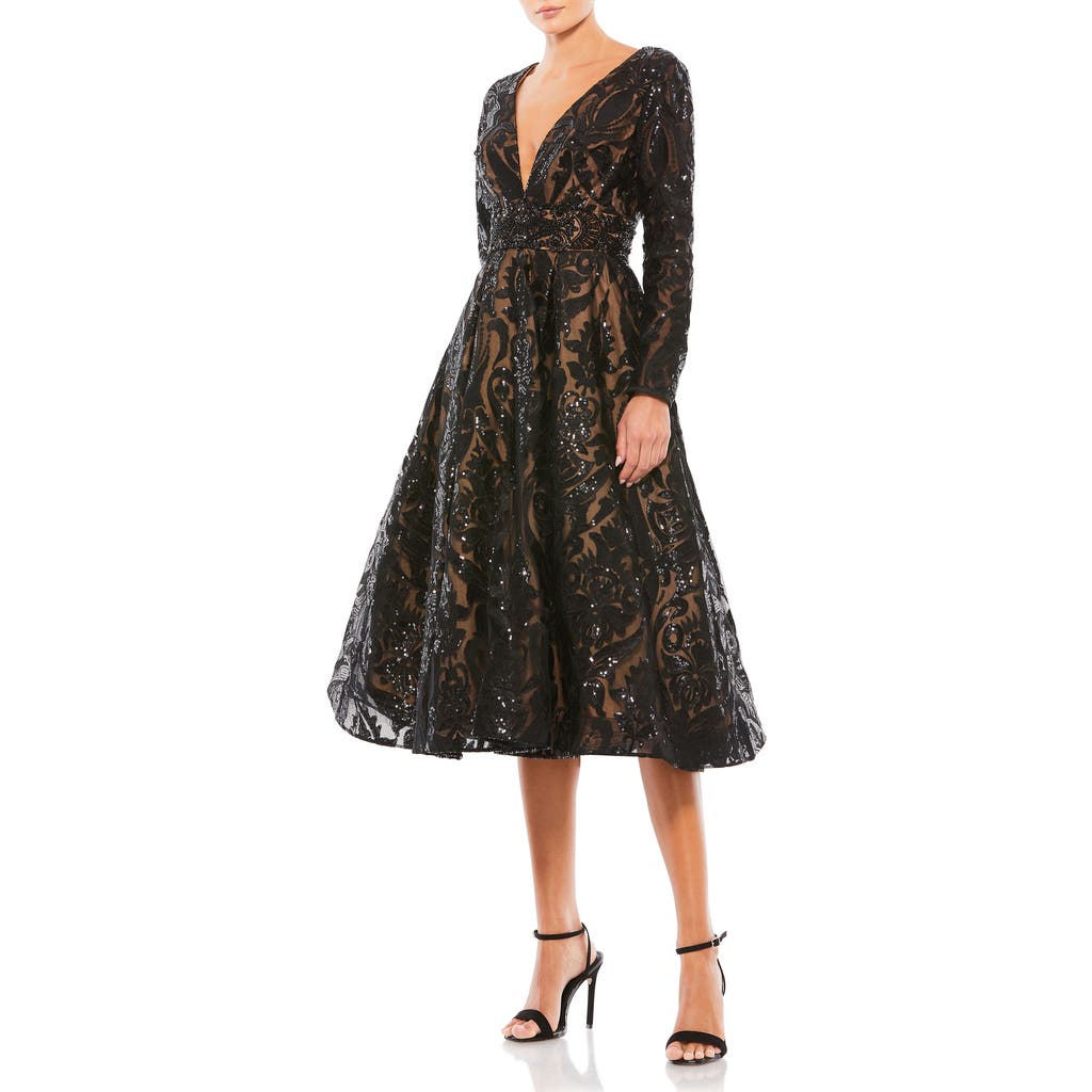 Mac Duggal Sequin Embellished A-line Cocktail Dress In Black Nude