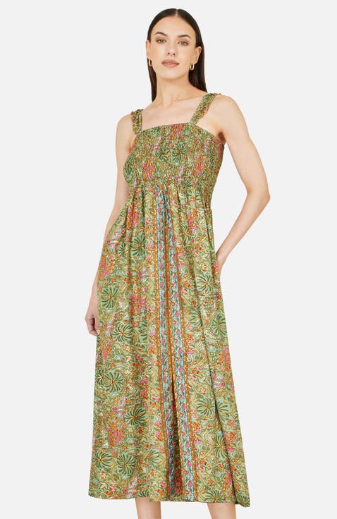 Foil Palm Print Ruched Midi Dress