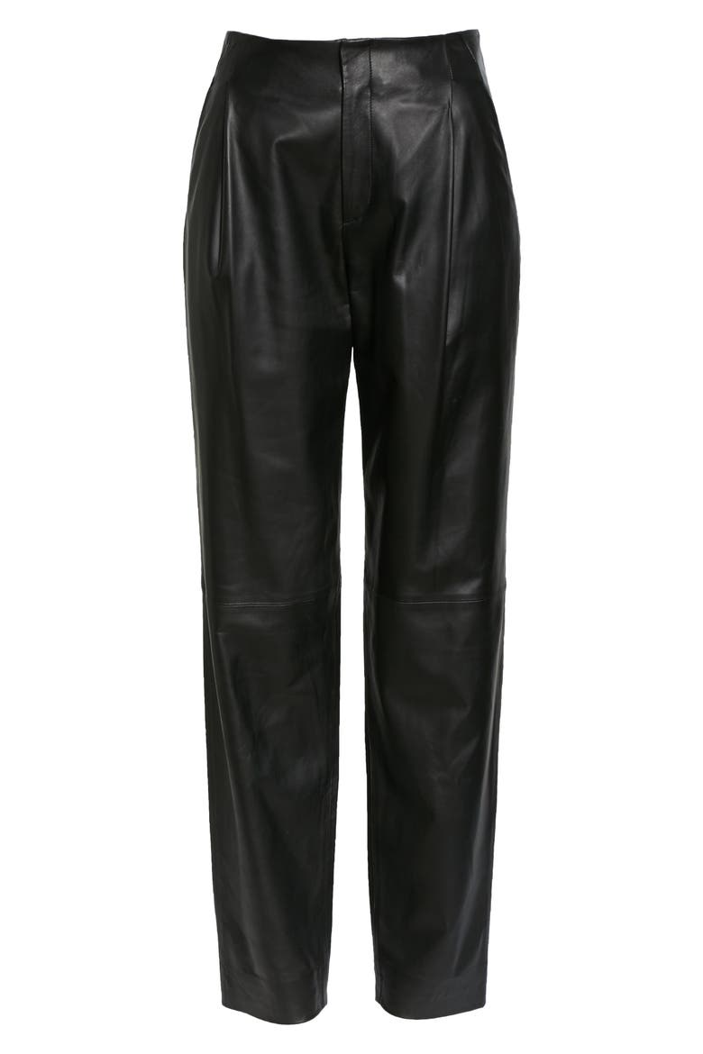 Pleat Front Tapered Leather Trousers, Alternate, color, BLACK