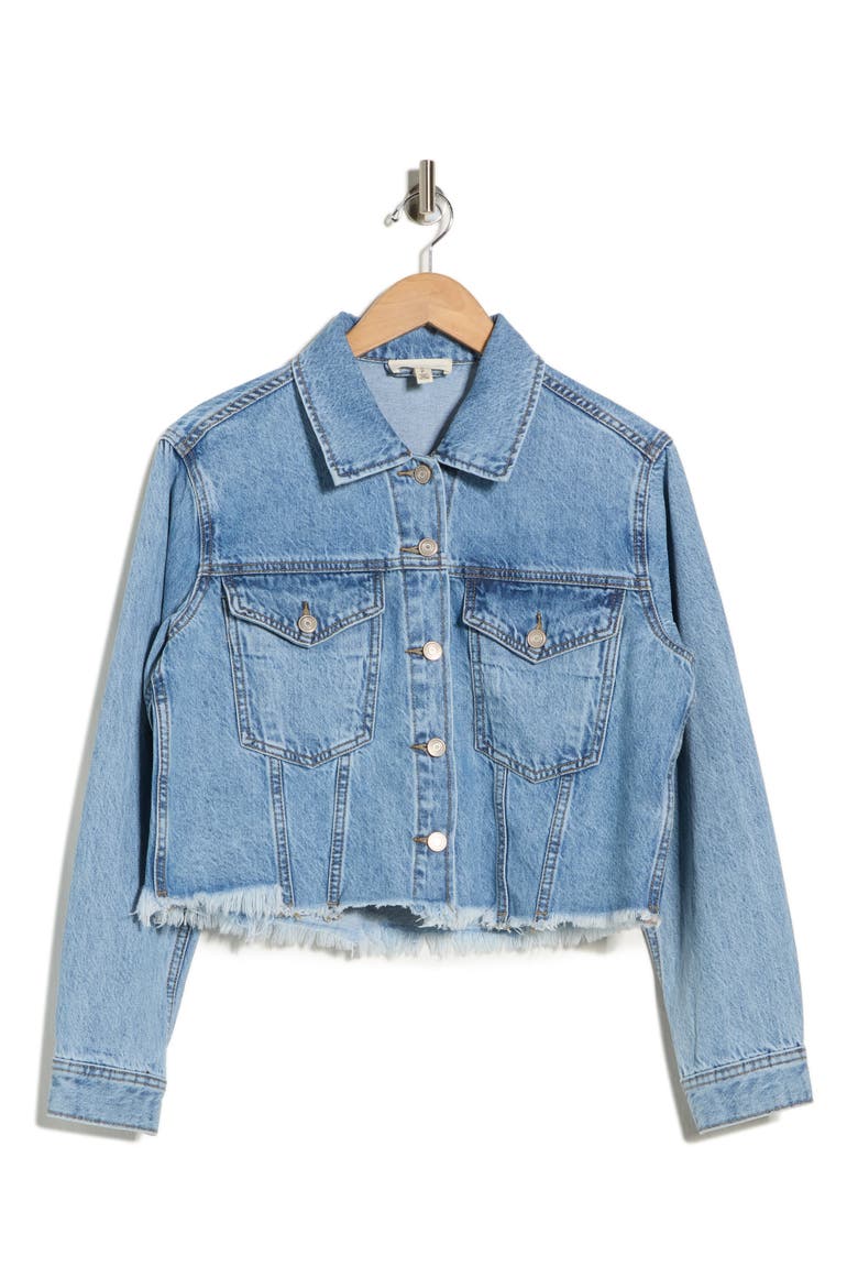 Fray Hem Crop Denim Trucker Jacket, Alternate, color, LIGHT WASH