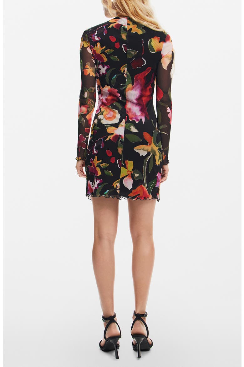 Floral Ruched Long Sleeve Minidress, Alternate, color, BLACK