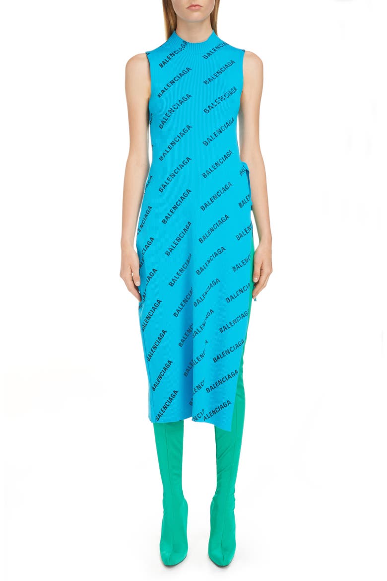 Logo Print Rib Knit Wrap Dress, Main, color, TURQUOISE/ BLACK