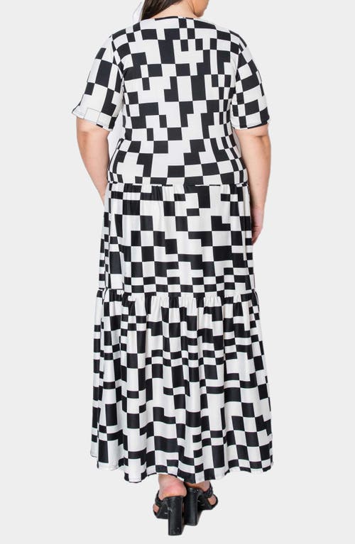 L I V D Artemesia Abstract Checkerboard Tiered Maxi Dress In Black White