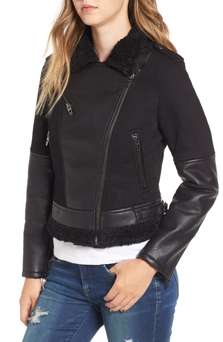 BLANKNYC Faux Leather & Denim Moto Jacket with Faux Shearling Lining, Alternate, color, 