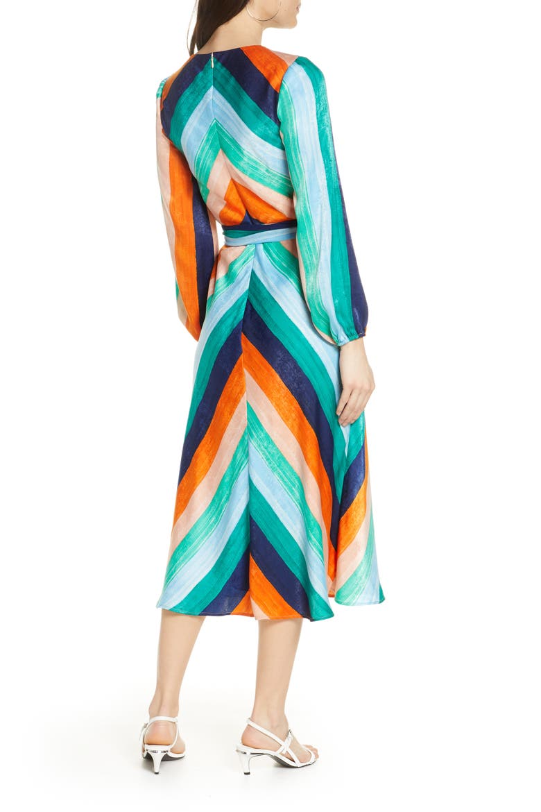 Sunset Skies Long Sleeve Stripe Satin Midi Dress, Alternate, color, SUNSET