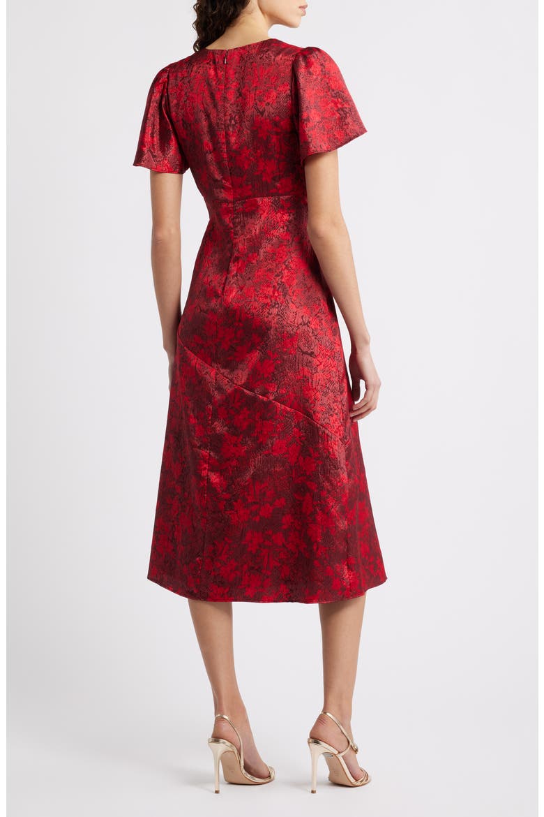 Floral Jacquard Draped Midi Dress, Alternate, color, RED HOLLIE FLORAL