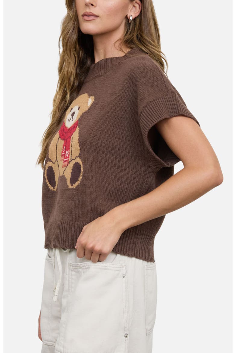 Teddy Bear Jacquard Short Sleeve Sweater, Alternate, color, BROWN