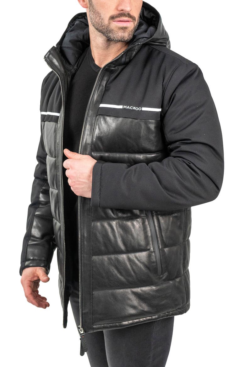 Mixed Media Leather Quilted Bomber Jacket, Alternate, color, BLACK