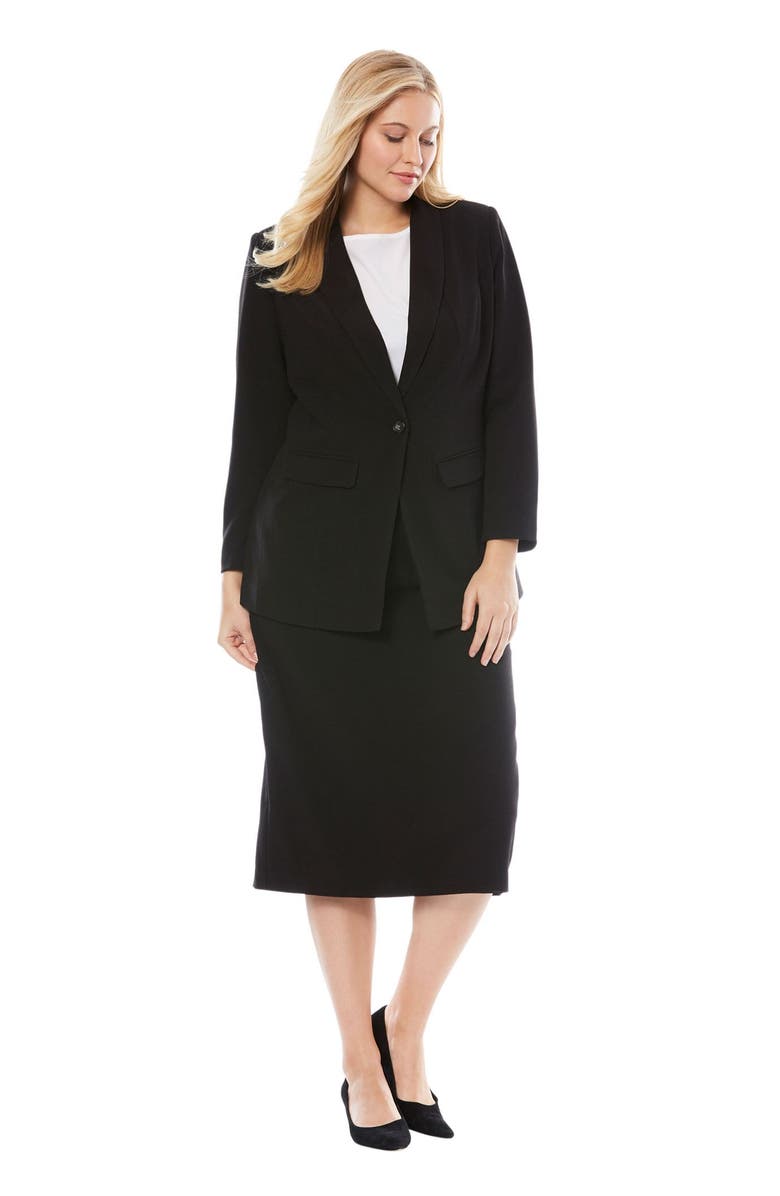 Jessica London 2-Piece Stretch Crepe Single-Breasted Skirt Suit, Main, color, Black