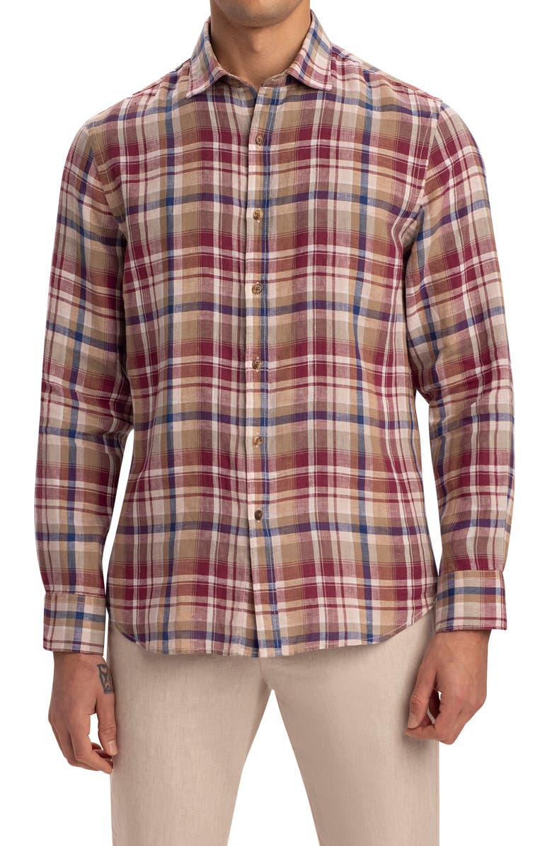 Bugatchi Shaped Fit Plaid Linen Button-Up Shirt, Main, color, 