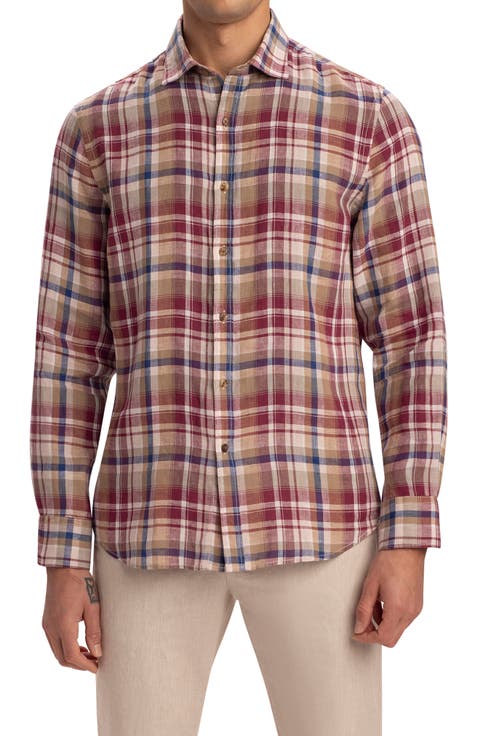 Shaped Fit Plaid Linen Button-Up Shirt