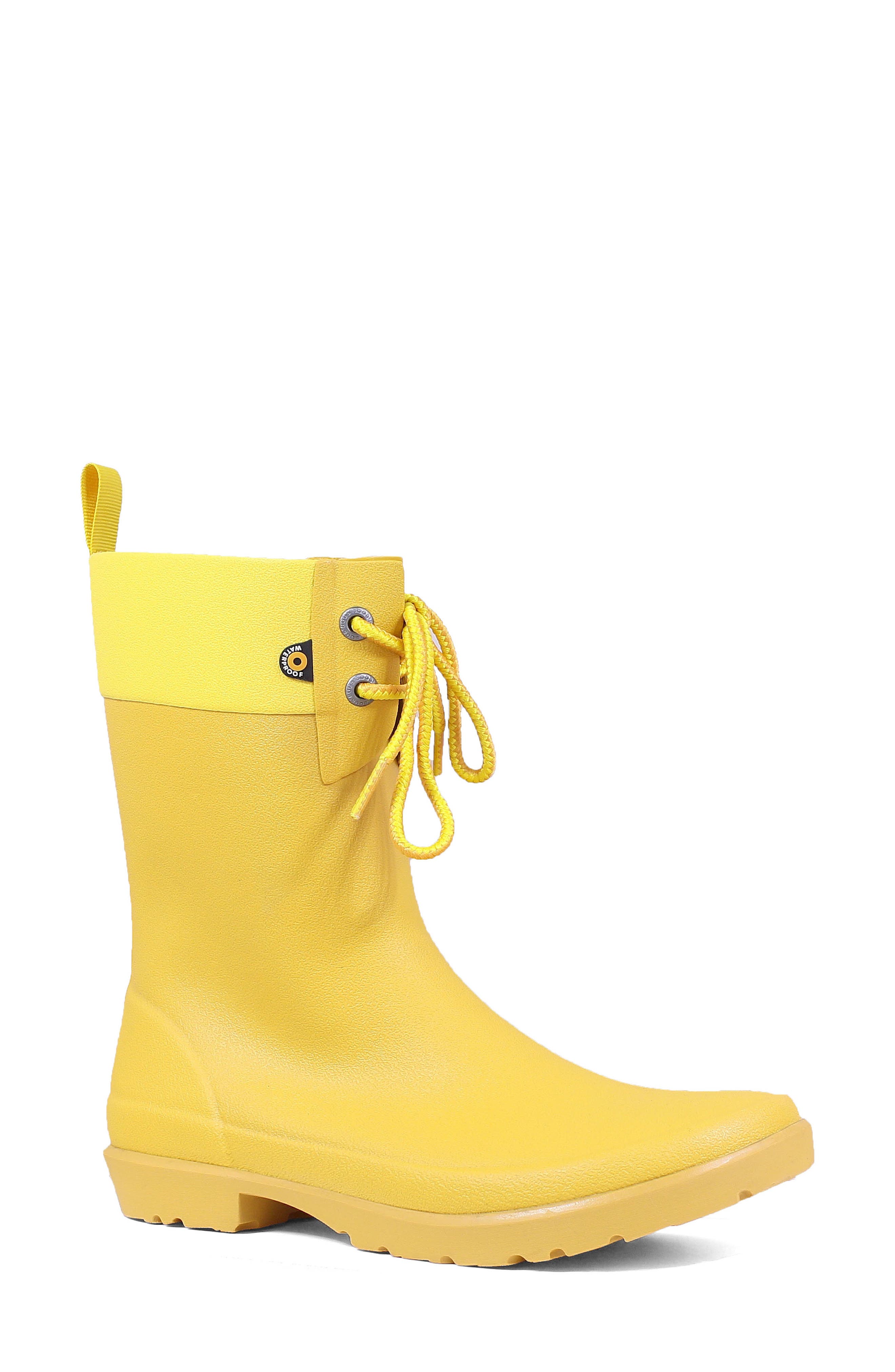 Floral Lace-Up Waterproof Rain Boot, Main, color, MUSTARD RUBBER