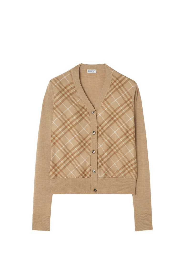 Check Panel Wool Silk Cardigan, Alternate, color, Camel