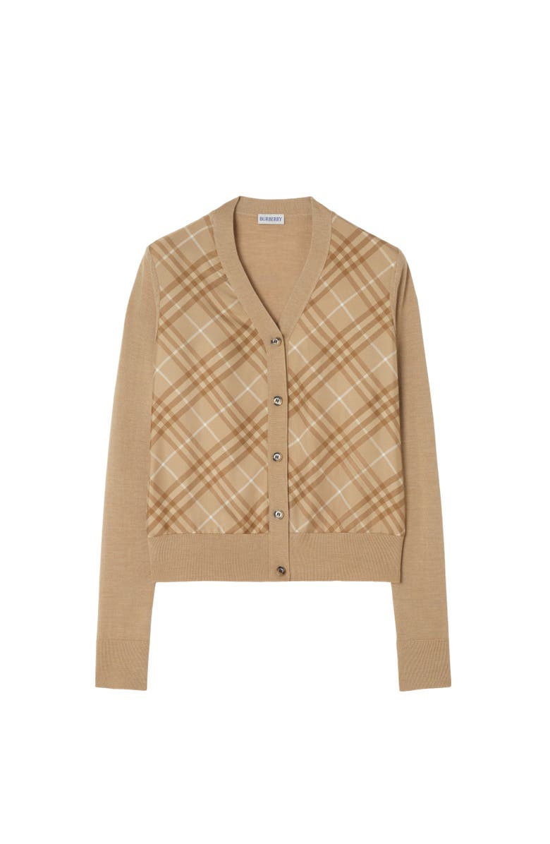 Burberry Check Panel Wool Silk Cardigan, Alternate, color, Camel