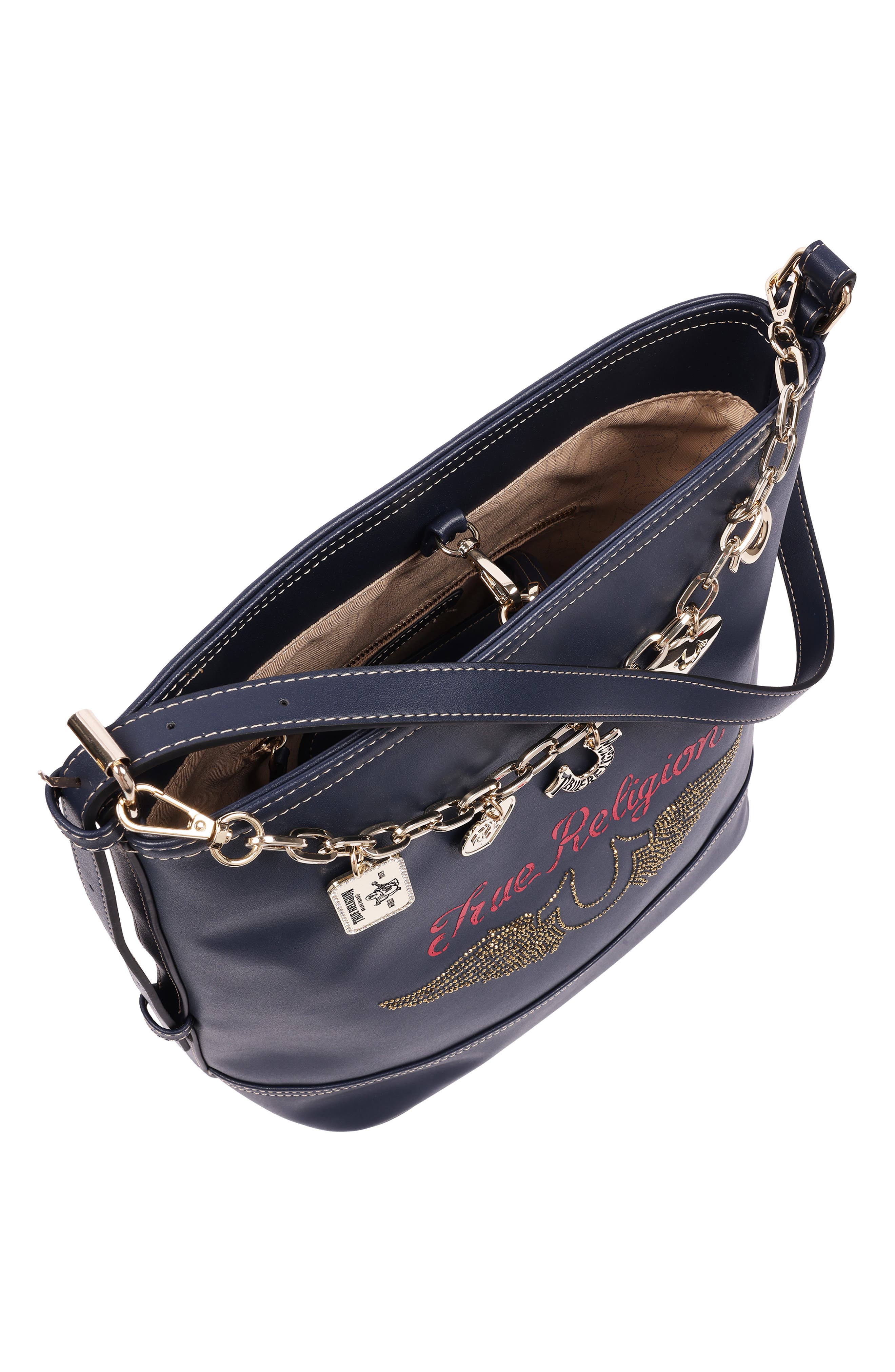 Chain Moto Faux Leather Bucket Bag & Pouch Set, Alternate, color, NAVY