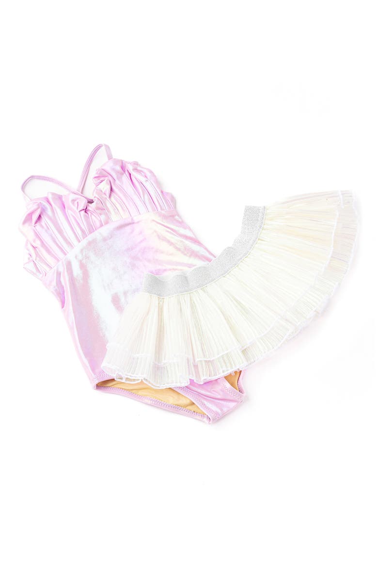 Kids' Metallic UPF 50+ One-Piece Swimsuit & Plissé Cover-Up Skirt Set, Alternate, color, LILAC