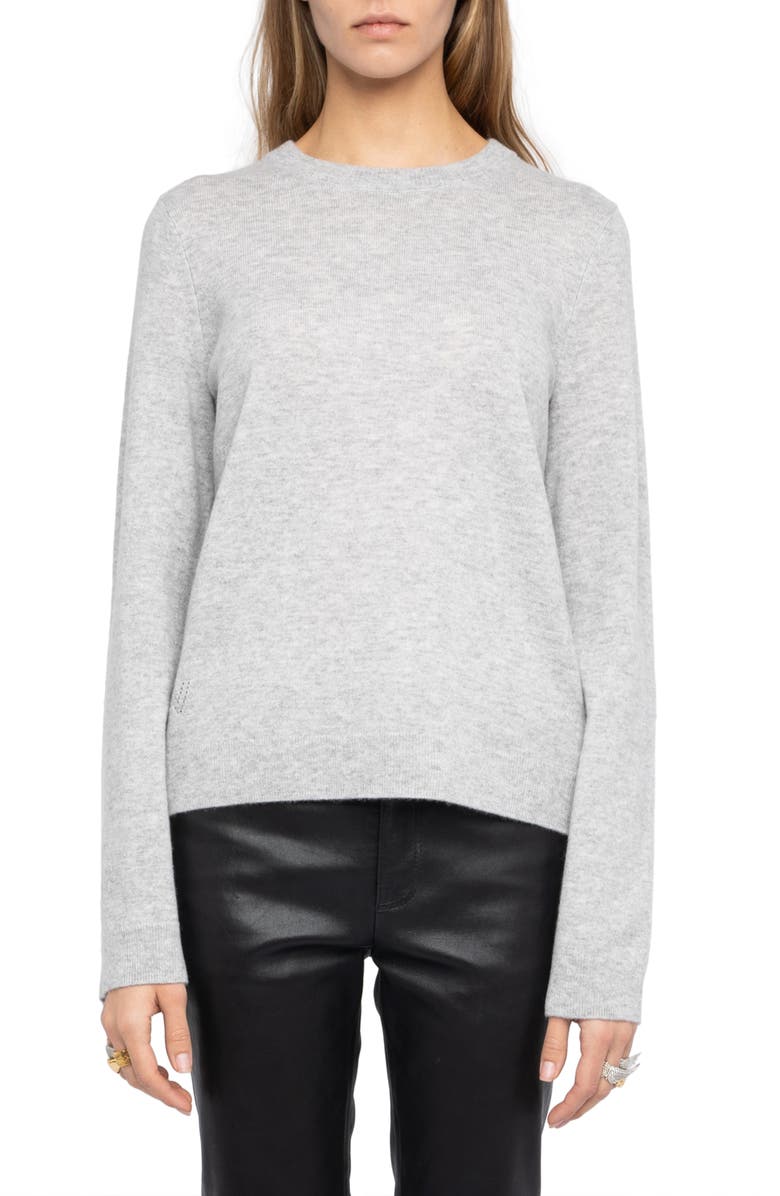 Zadig & Voltaire Cera Wool & Cashmere Sweater with Leather Elbow Patches, Main, color, Light Grey