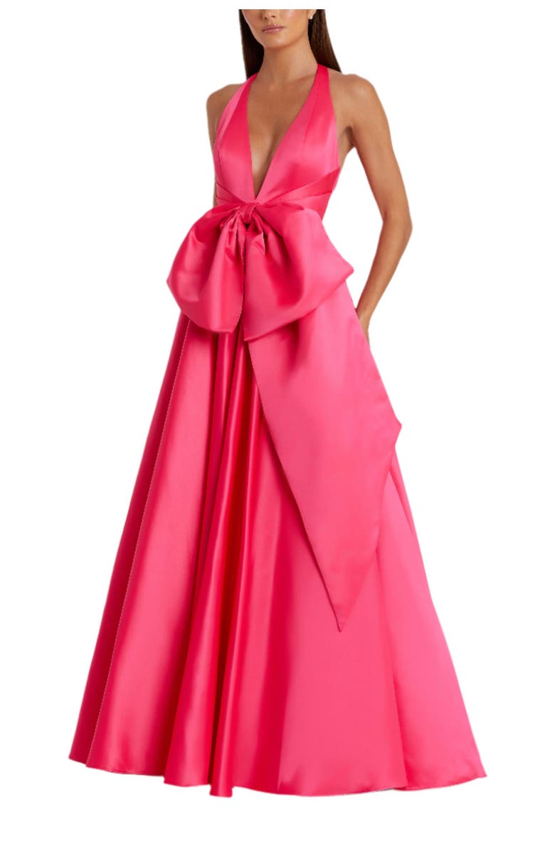 Mac Duggal Sleeveless Deep V Satin Gown With Oversized Bow, Main, color, Hot Pink