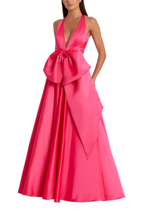 Sleeveless Deep V Satin Gown With Oversized Bow