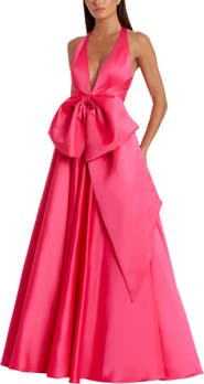 Mac Duggal Sleeveless Deep V Satin Gown With Oversized Bow