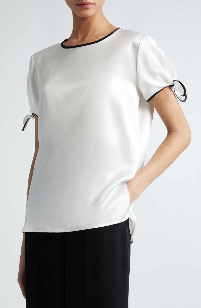 Max Mara Pania Bow Sleeve Contrast Trim Silk Top, Main, color, White