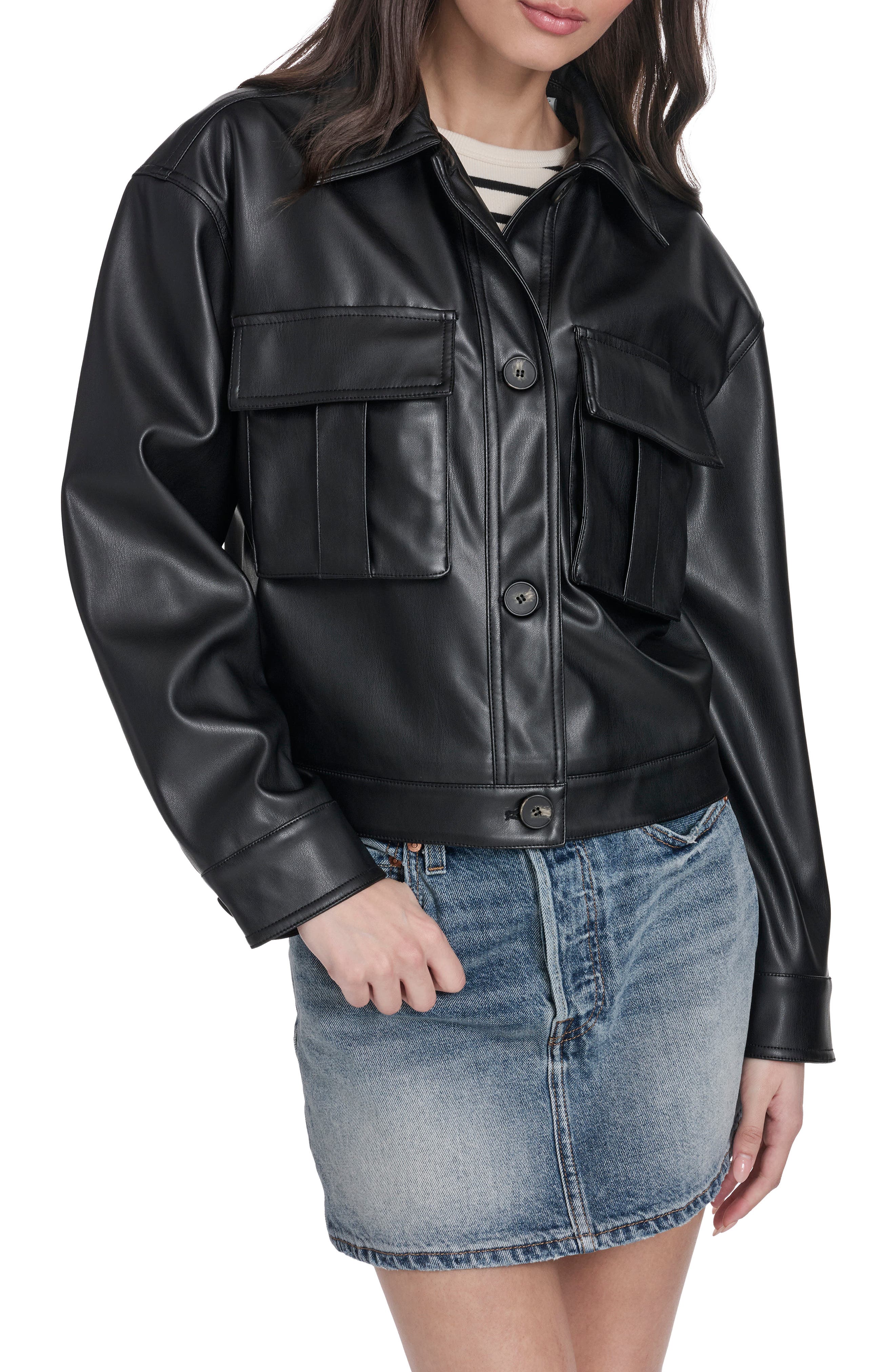 Faux Leather Shirt Jacket