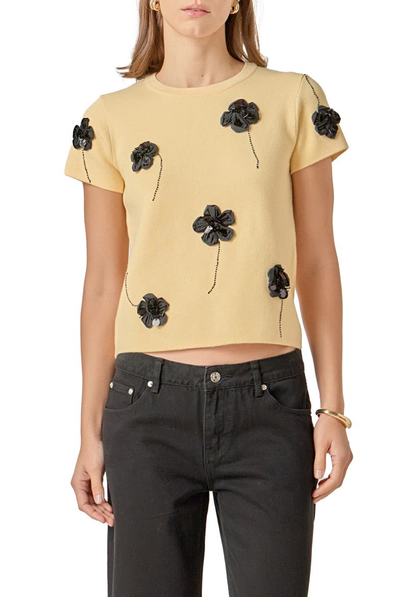 Floral Ebellished Short Sleeve Knit Top, Main, color, BUTTER YELLOW/ BLACK