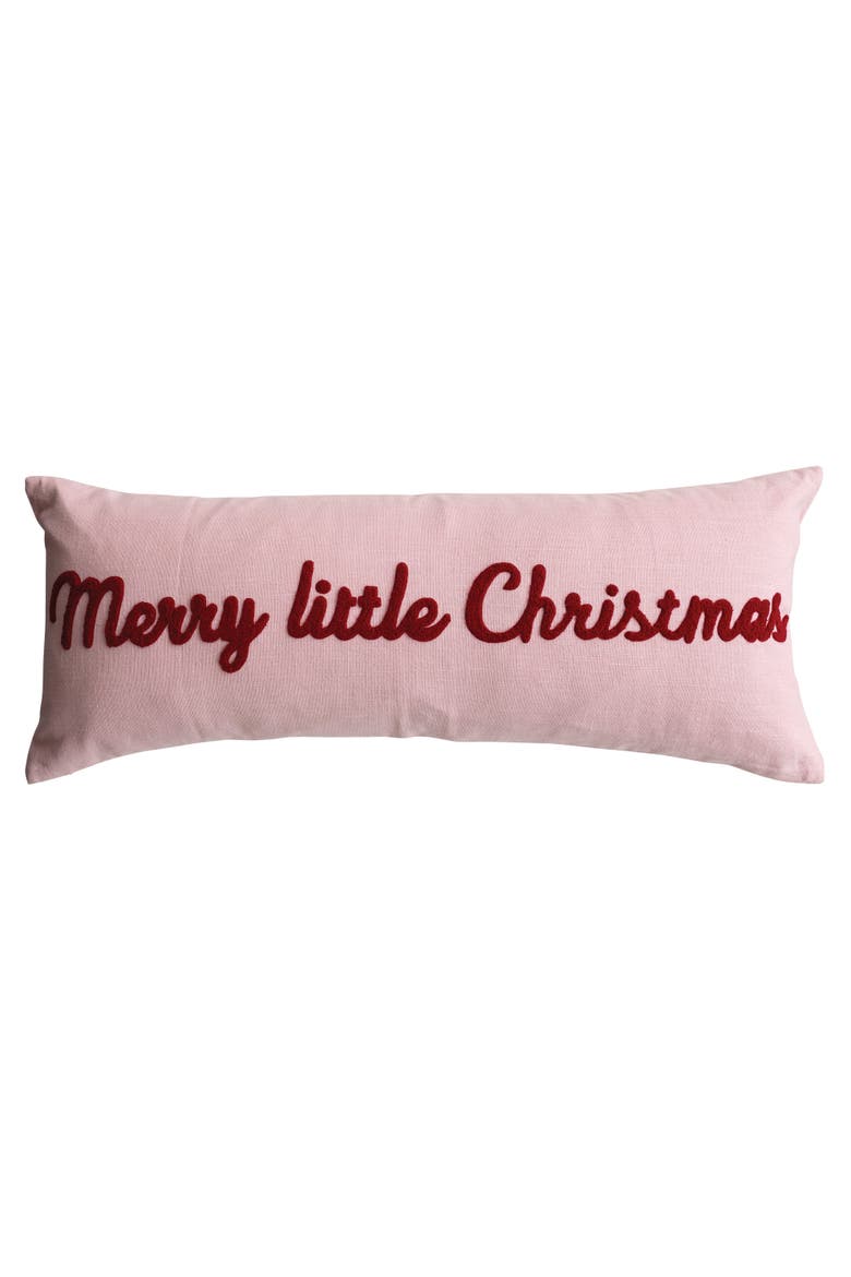 Embroidered Merry Little Christmas Cotton Slub Lumbar Pillow, Alternate, color, Red and Pink