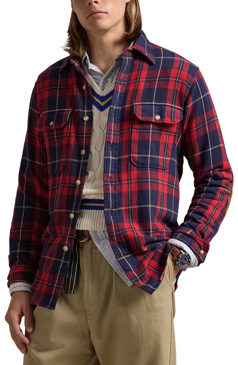 Polo Ralph Lauren Plaid Flannel Elbow Patch Button-Up Overshirt, Main, color, 