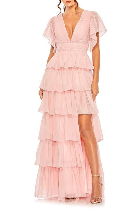 Women's Flutter Sleeve Tiered Ruffle Chiffon Gown