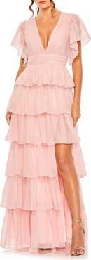 Ieena for Mac Duggal Women's Flutter Sleeve Tiered Ruffle Chiffon Gown