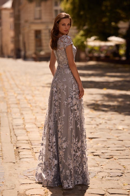 La Femme Long Lace Evening Dress With Cap Sleeves In Platinum