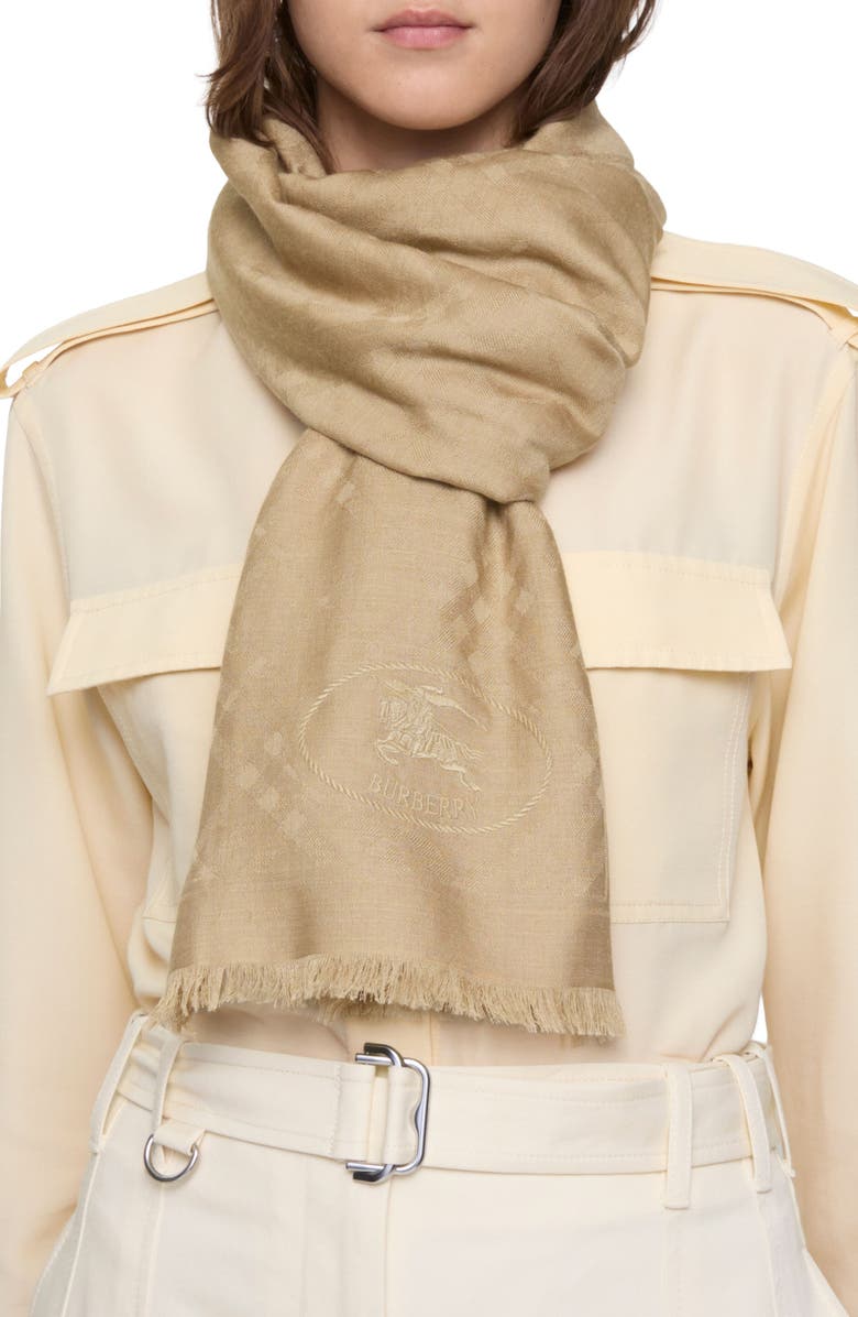 Burberry Check EKD Embroidered Wool & Silk Scarf, Alternate, color, Sand