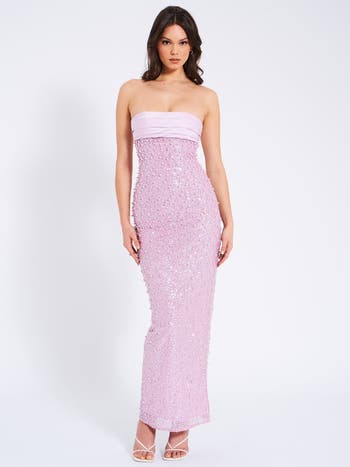 Lainey Satin Strapless Party Sequin Pearl Beaded Maxi Dress