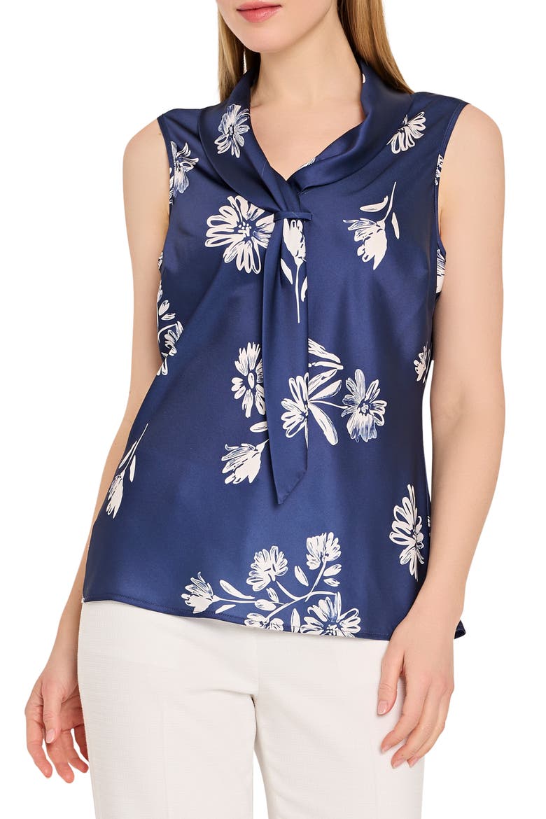 Floral Sailor Tie Sleeveless Top, Main, color, NAVY IVORY