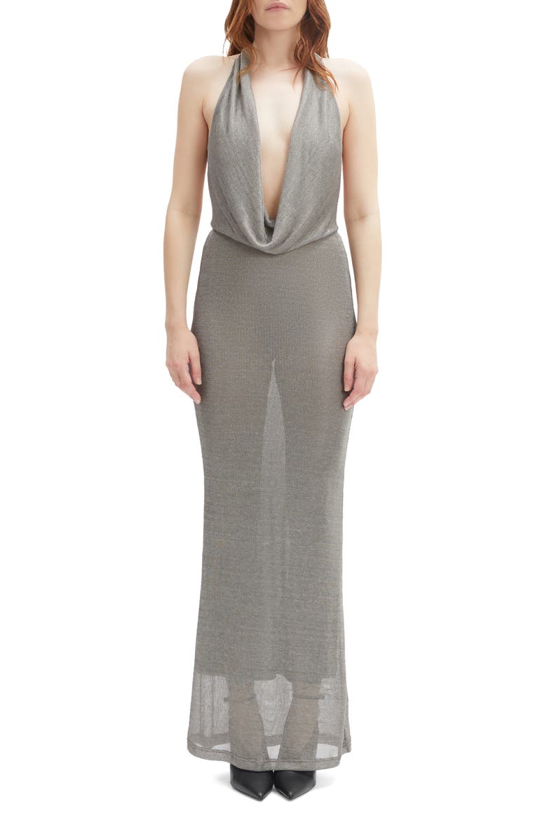 Nola Metallic Knit Halter Maxi Dress, Main, color, SILVER