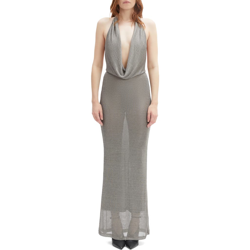 Bardot Nola Metallic Knit Halter Maxi Dress In Gray