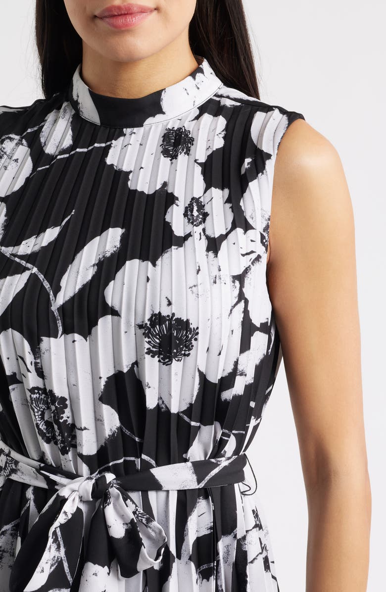 Tahari ASL Floral Handkerchief Hem Pleated Midi Dress, Alternate, color, Black White