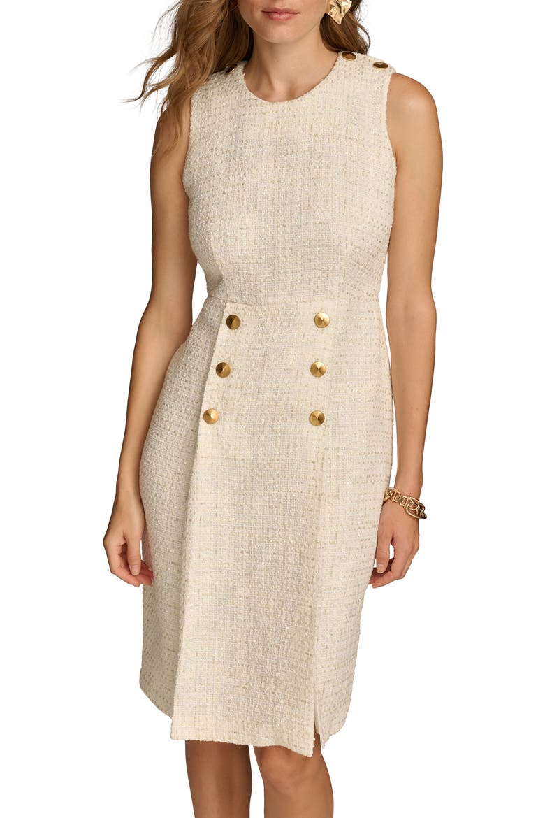 Sleeveless Tweed Sheath Dress, Alternate, color, CREAM/ GOLD