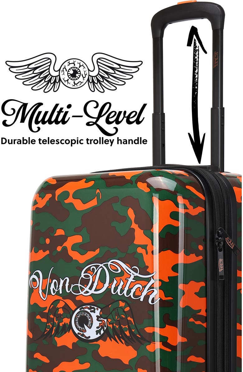 Von Dutch Orange Camo Expandable Hardside Spinner Carry-on Suitcase, Alternate, color, Orange Camo