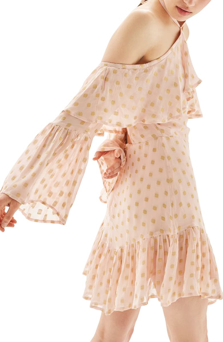 Topshop Golden Spot Cold Shoulder Halter Dress, Alternate, color,