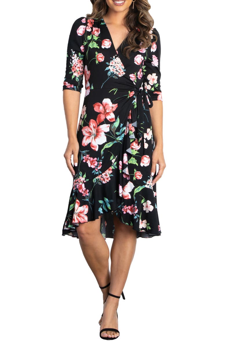 Kiyonna Flirty Flounce Floral Print Wrap Dress, Main, color, 