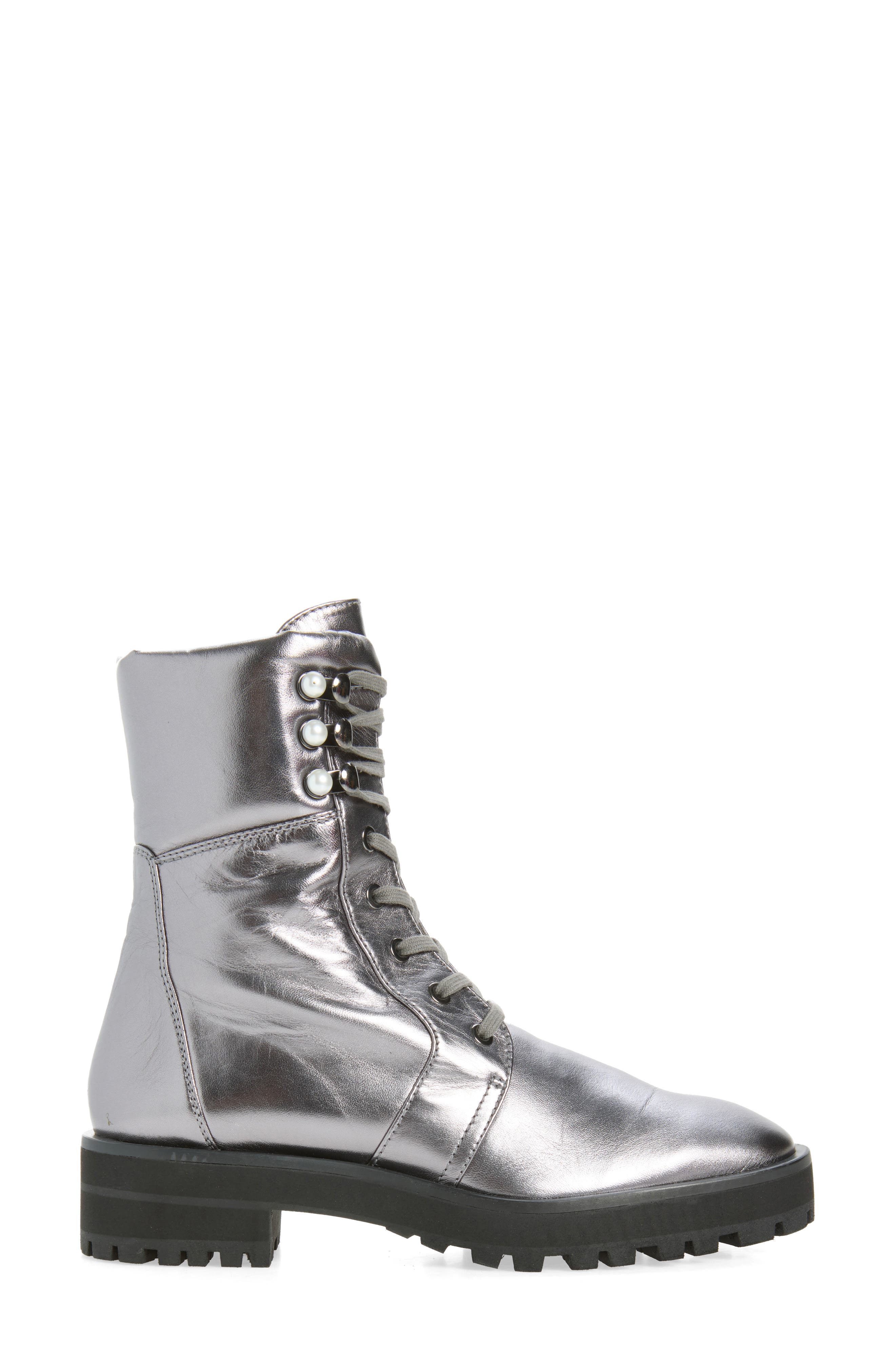 Pearly Lace-Up Lug Sole Bootie, Alternate, color, GUNMETAL