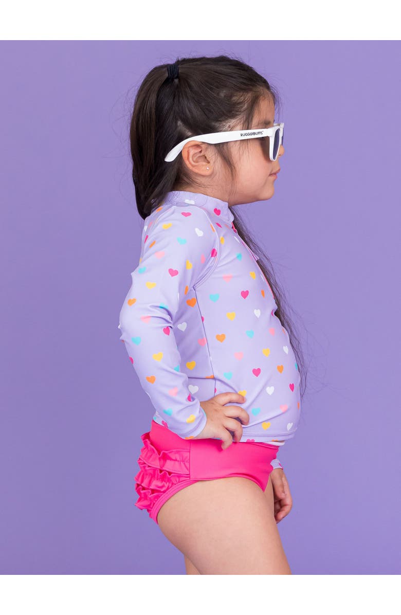RuffleButts Girls UPF50+ Long Sleeve Zipper Rash Guard 2-Piece, Alternate, color, Lavender Colorful Hearts