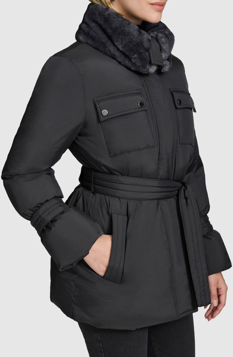 Andrew Marc Laken Faux Fur Trim Belted Puffer Coat, Alternate, color, Black