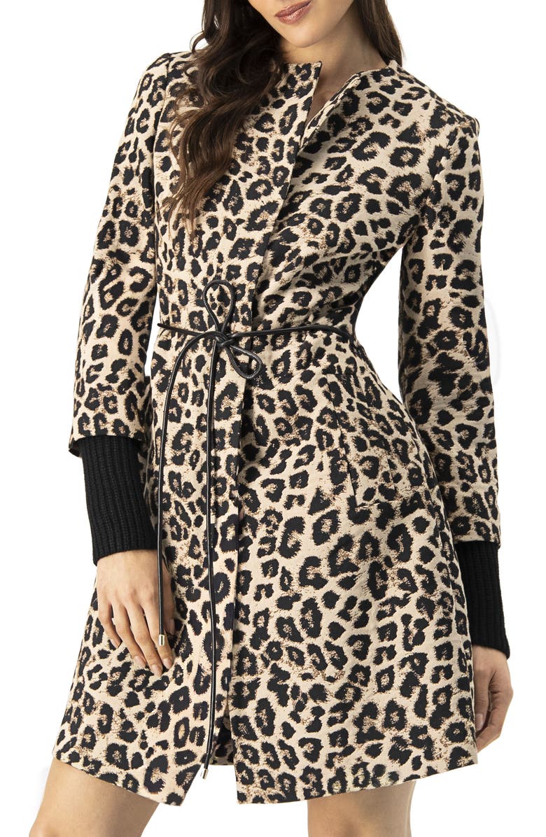 IVONNE Ribbed-Cuff Long Animal Print Coat, Main, color, Beige