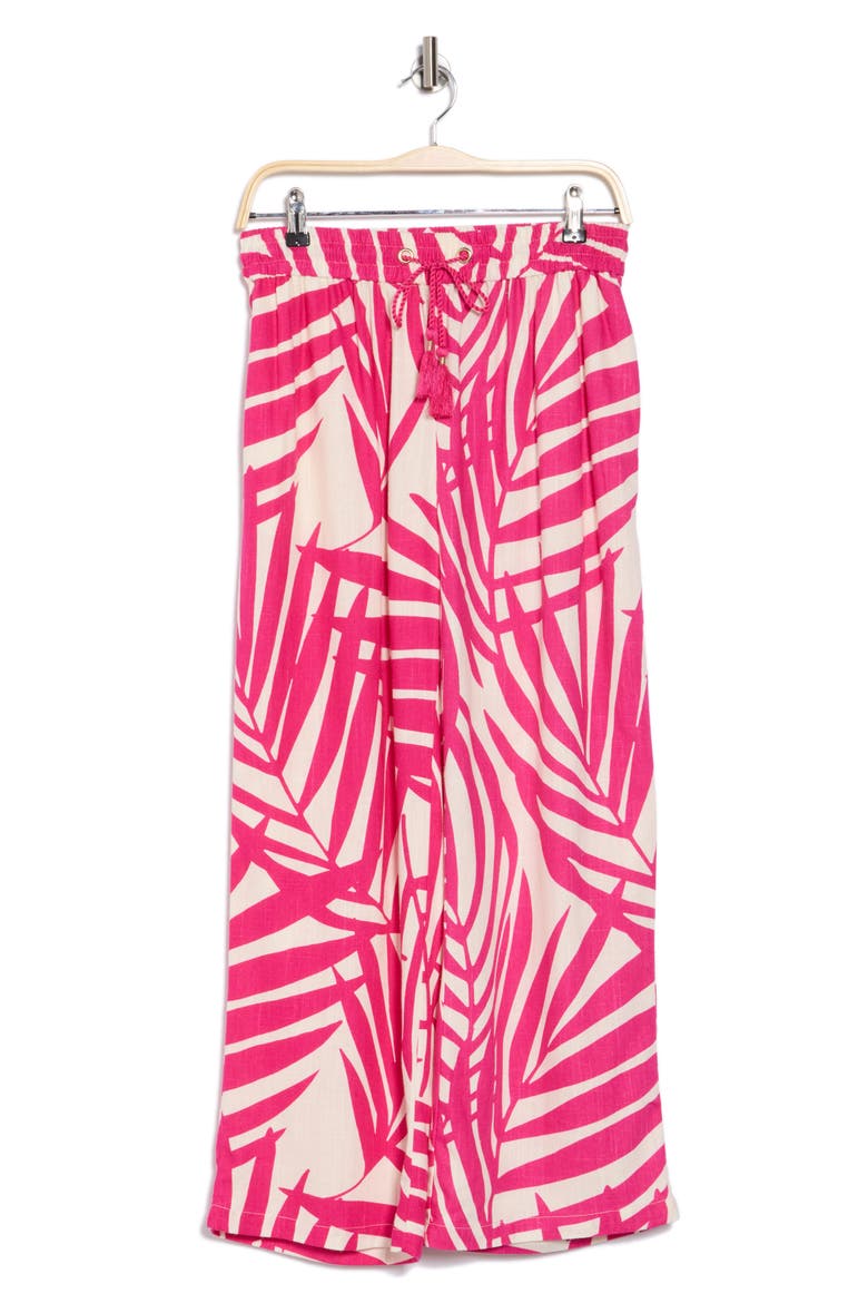 Palm Print Pull-On Pants, Alternate, color, PINK/ WHITE