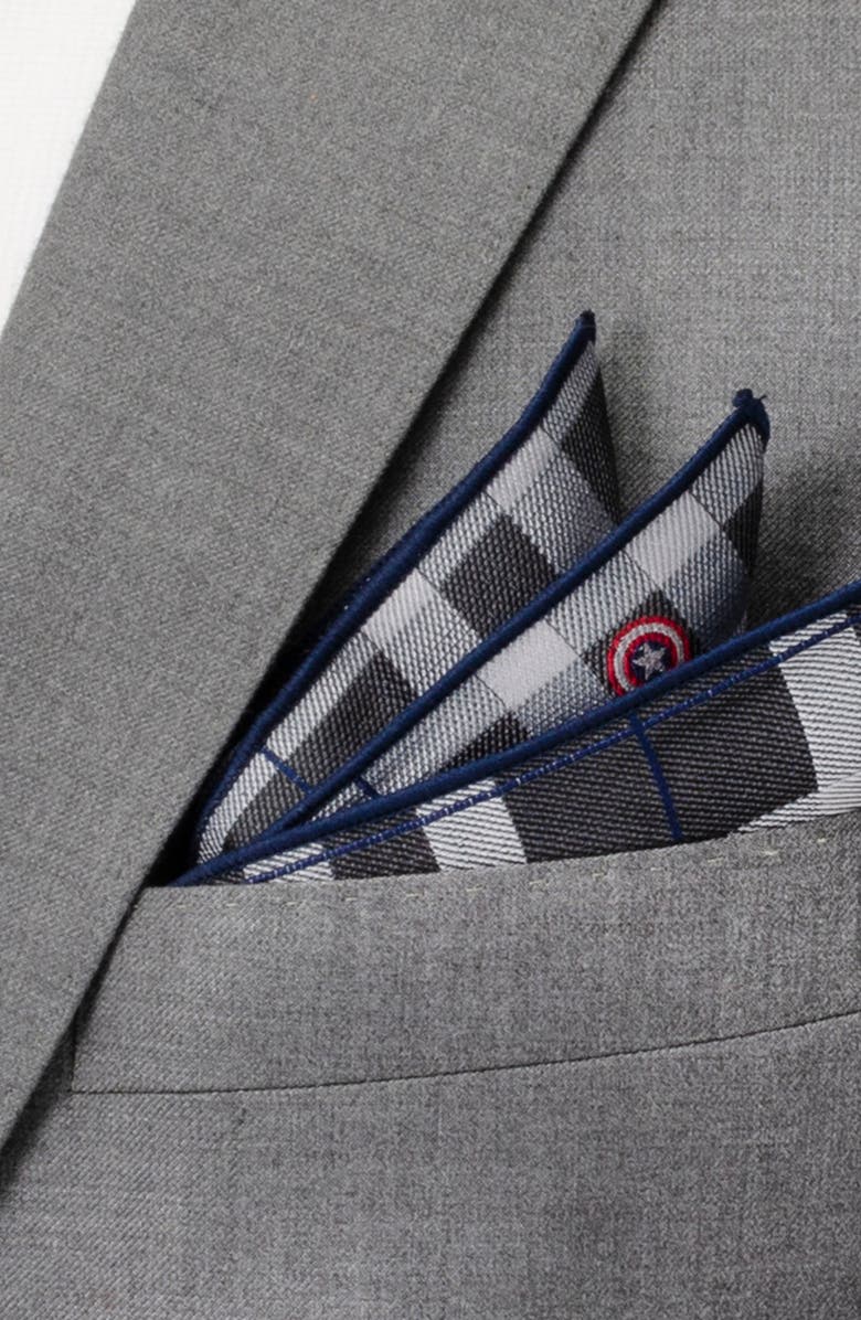 Cufflinks, Inc. Marvel Captain America Plaid Silk Pocket Square, Alternate, color, Gray